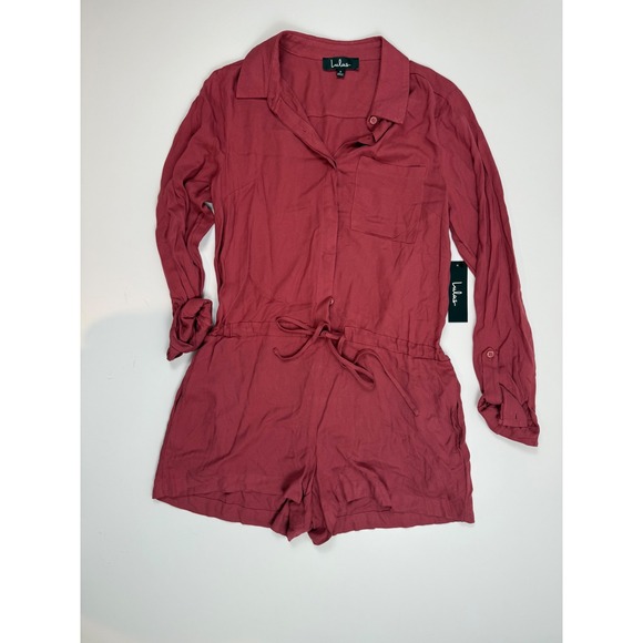 Lulus Womens Small Button Up Long Sleeve Romper Wine Red Drawstring Waist New - Picture 1 of 6